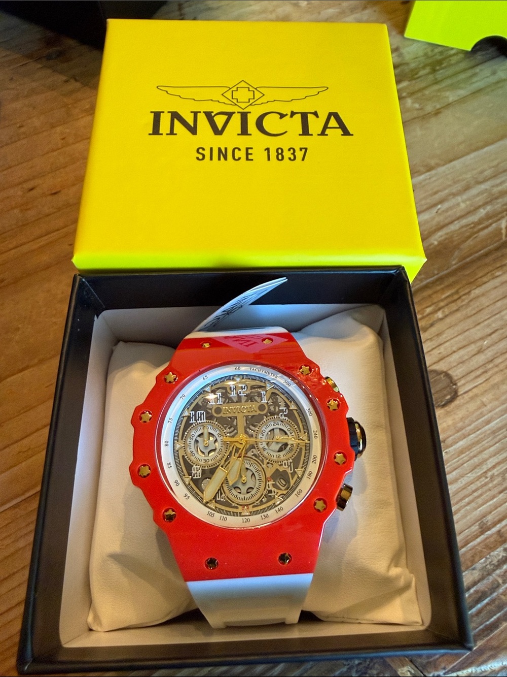 Invicta Red and White Skeleton Dial Chronograph with Gold Accents 44 mm